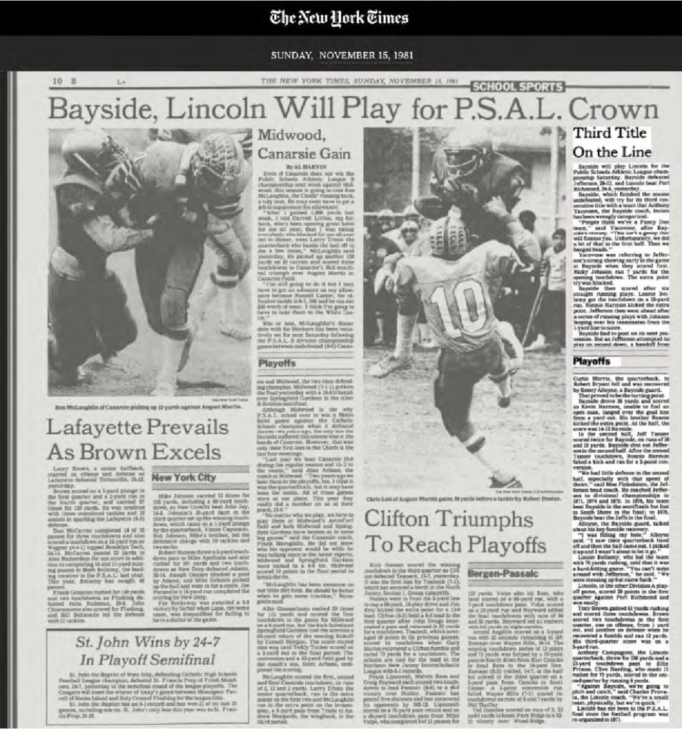 thumbnail of 1981-11-15-BAYSIDE, LINCOLN WILL PLAY FOR P.S.A.L. TITLE THIRD TITLE ON THE LINE – The New York Times_p421-OCR-title-HL