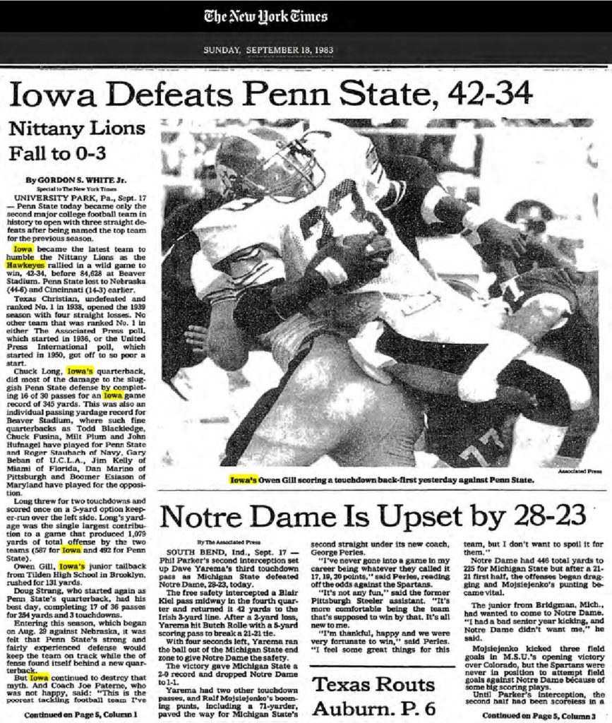 thumbnail of 1983-09-18-IOWA DEFEATS PENN STATE, 42-34 – The New York Times_p435-OCR-title-HL-CON