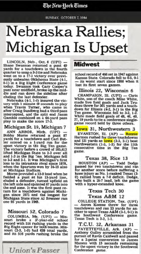 thumbnail of 1984-10-07-NEBRASKA RALLIES; MICHIGAN IS UPSET – The New York Times_p405-OCR-title-HL
