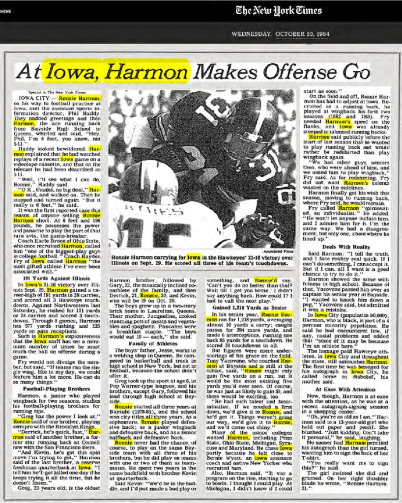 thumbnail of 1984-10-10-AT IOWA, HARMON MAKES OFFENSE GO – The New York Times_p043-OCR-title-HL