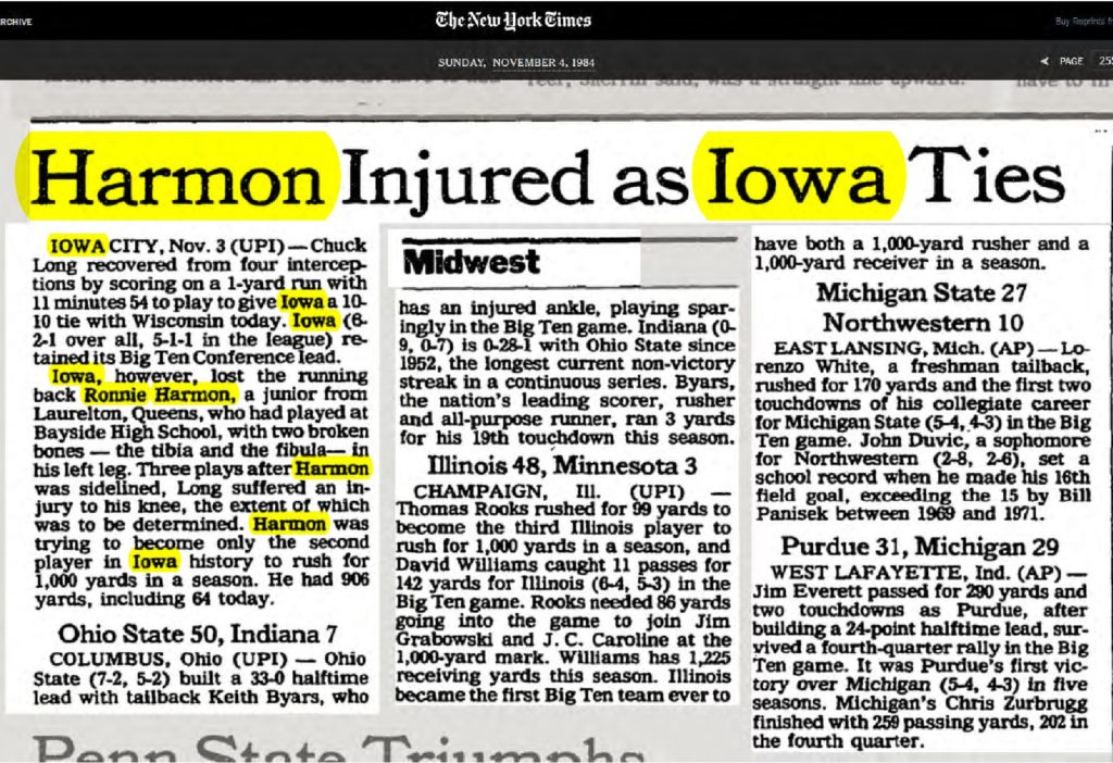 thumbnail of 1984-11-04-HARMON INJURED AS IOWA TIES – The New York Times_p255-OCR-title-HL