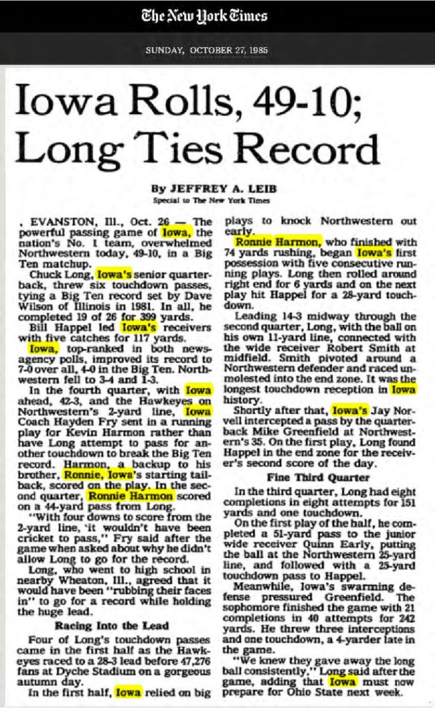 thumbnail of 1985-10-27-IOWA ROLLS, 49-10; LONG TIES RECORD – The New York Times_p482-OCR-title-HL