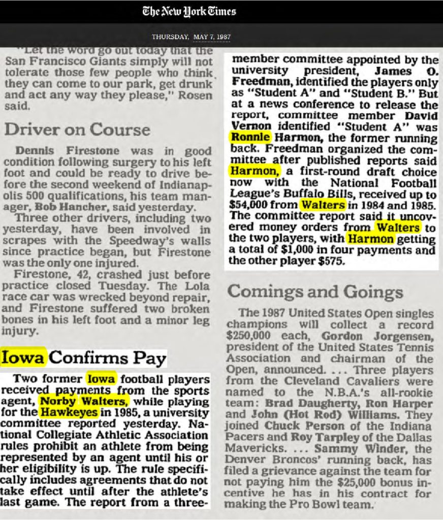 thumbnail of 1987-05-07-SPORTS PEOPLE; Iowa Confirms Pay – The New York Times_p063-OCR-title-HL