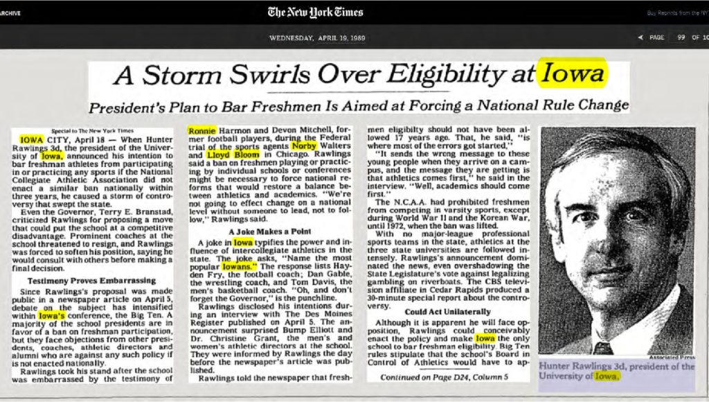 thumbnail of 1989-04-19-A Storm Swirls Over Eligibility at Iowa – The New York Times_p099-OCR-title-HL-CON