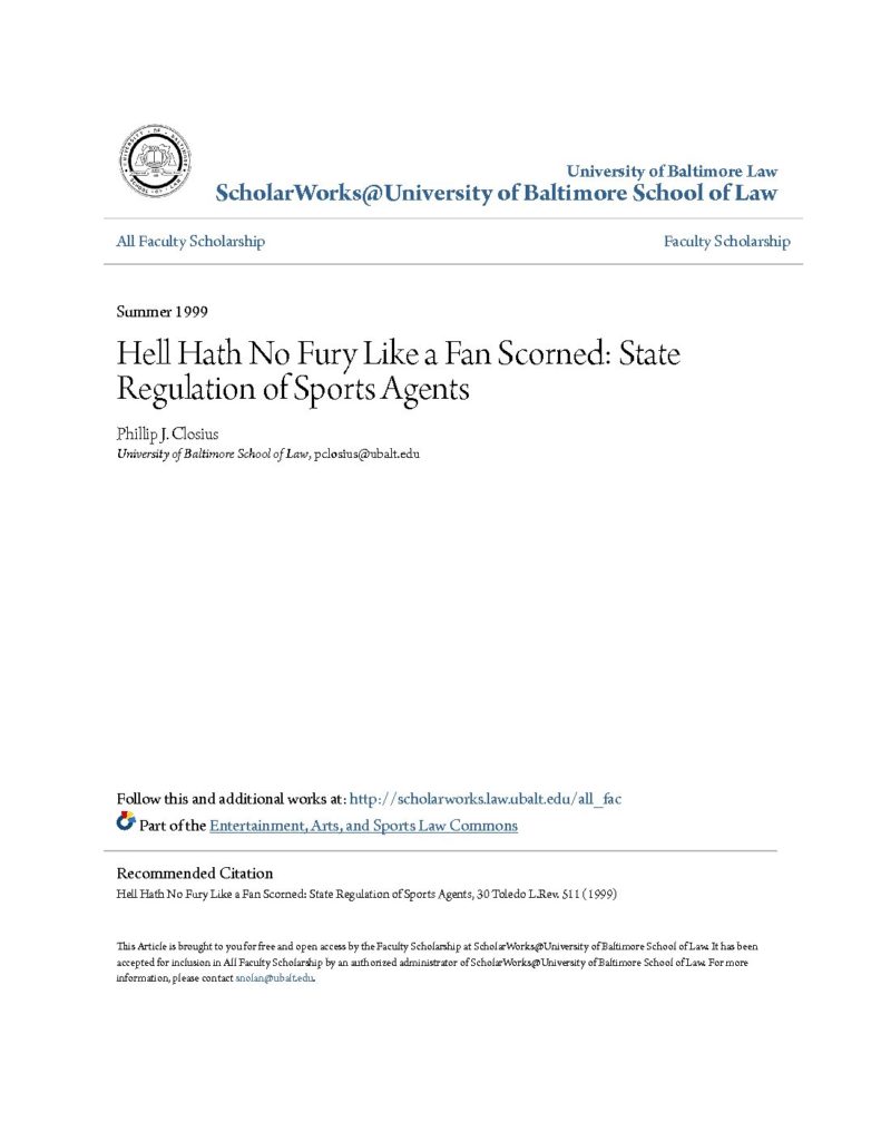 thumbnail of 1999-06-Hell Hath No Fury Like a Fan Scorned–State Regulation of Sports Agents-title-OCR-HL