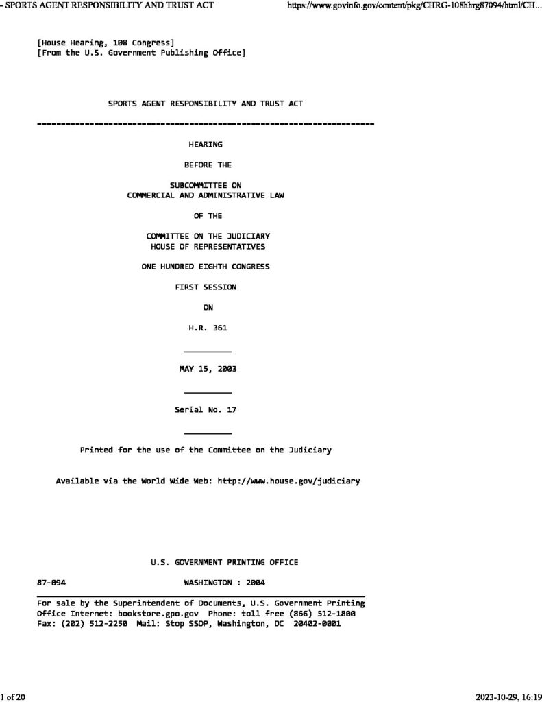 thumbnail of 2003-05-15-SPORTS AGENT RESPONSIBILITY AND TRUST ACT-us-house-hearing-title-OCR-HL