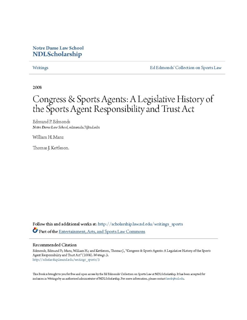 thumbnail of 2008-Congress and Sports Agents–A Legislative History of the Sports Agent Responsibility and Trust Act-title-OCR-HL